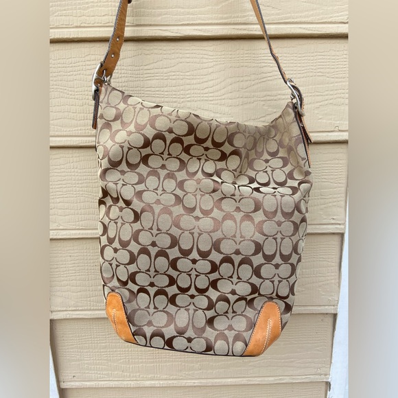 Coach Signature Shoulder Bag Duffle Zip Top Closure 6083 Brown Tan Leather - Picture 8 of 16